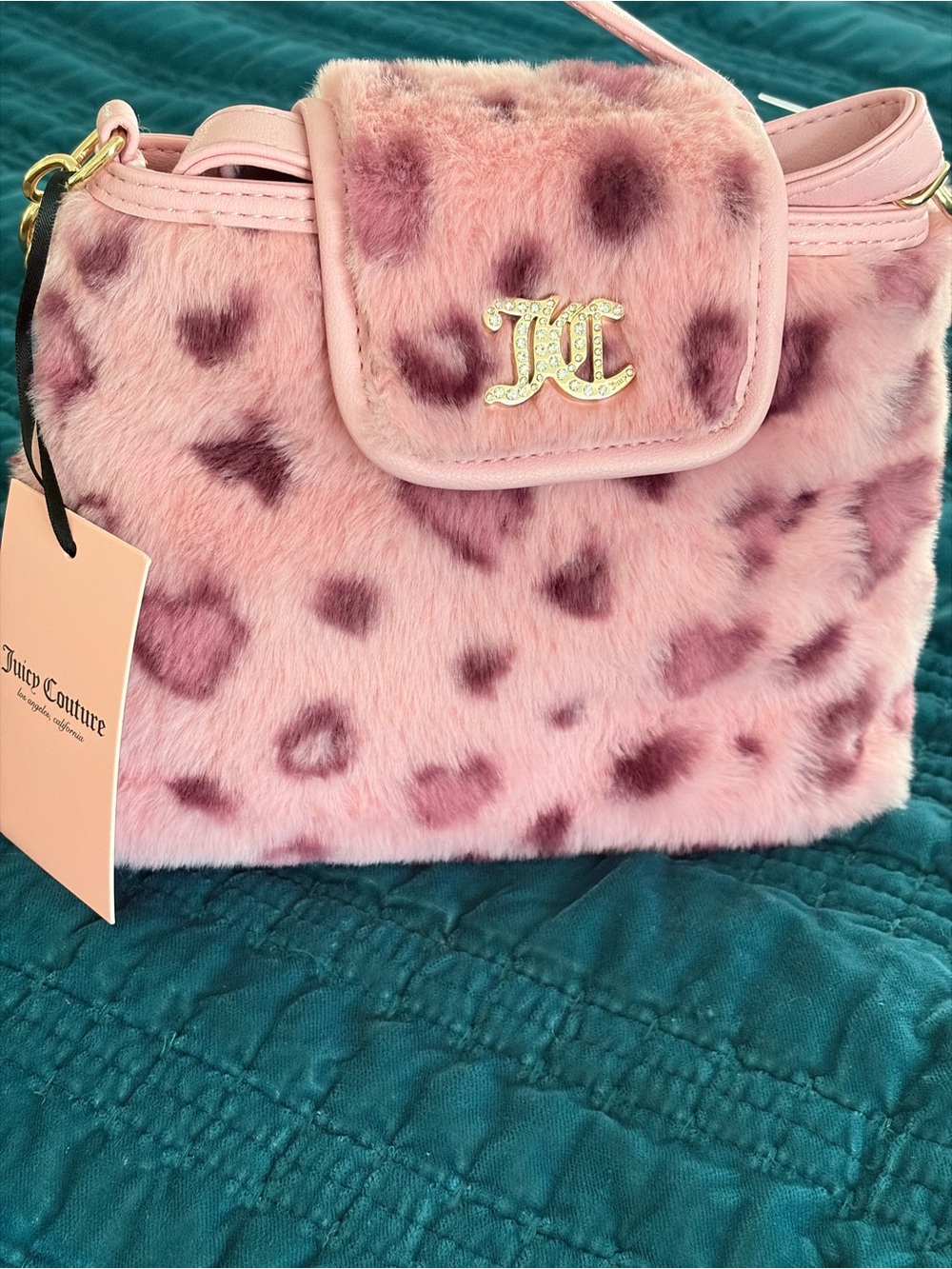 Juicy Couture Pink Faux Fur Leopard-Print Mini Shoulder Bag with Gold Logo